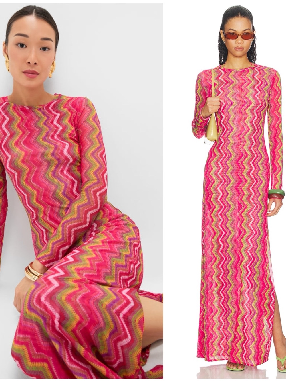 NWT Eywasouls Malibu Electric Wave Pink Scarlet Maxi Long Sleeve Dress Size M